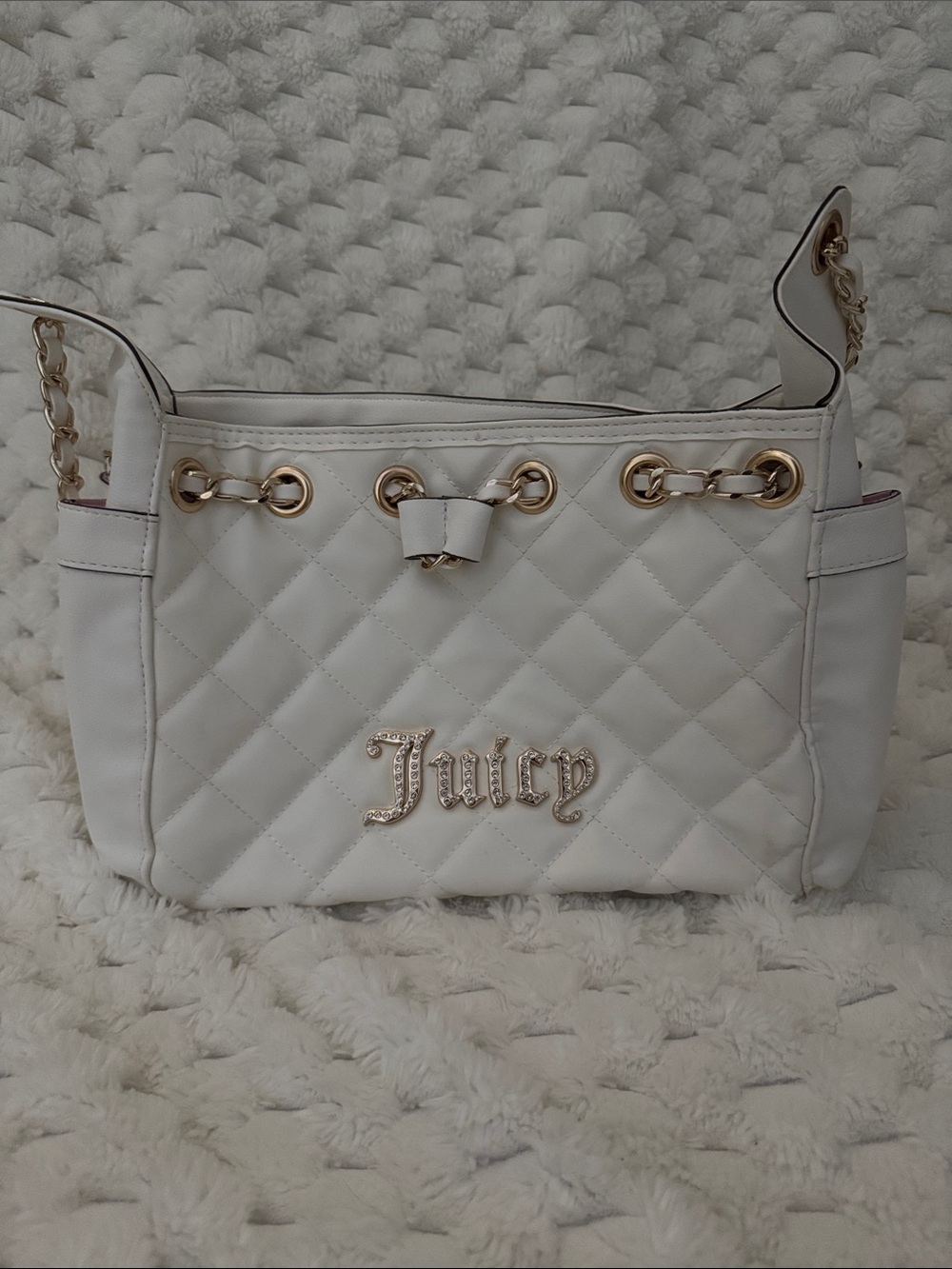 Juicy Couture Quilted White Shoulder Bag with Gold Hardware + Cute Pink Print